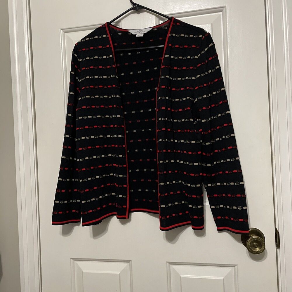 Ming Wang Women’s Red Black Tan Abstract Open Cardigan Size Medium